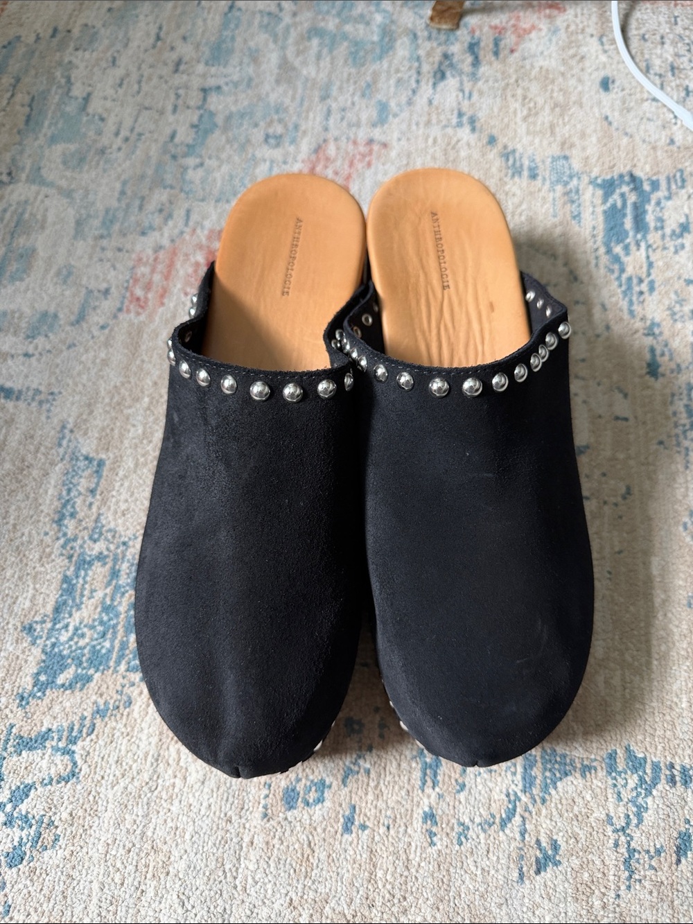 Anthropologie Black Studded Suede Slip-On Mules with Tan Insole